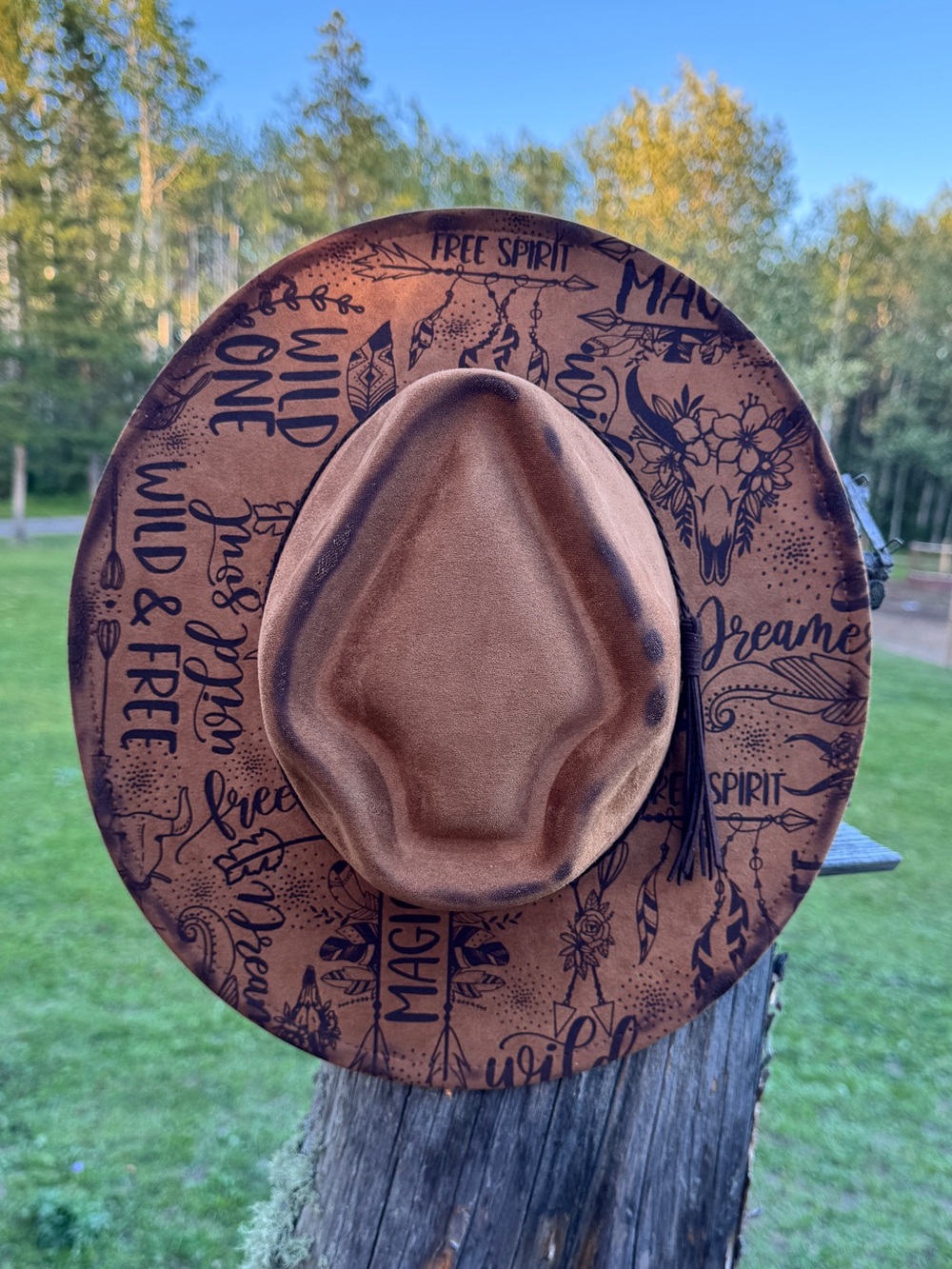 Custom burned wide brim hat